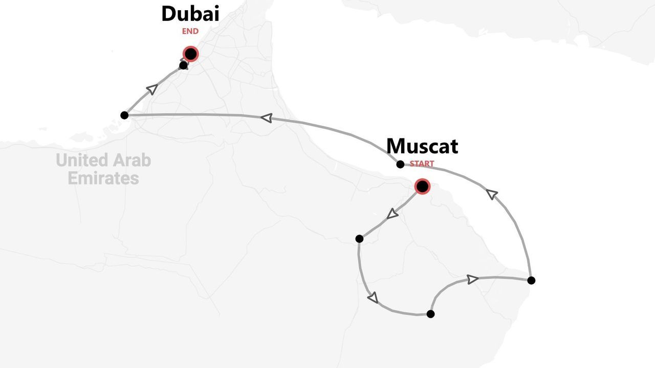 Mappa del percorso di viaggio da Mascate a Dubai, Emirati Arabi Uniti.