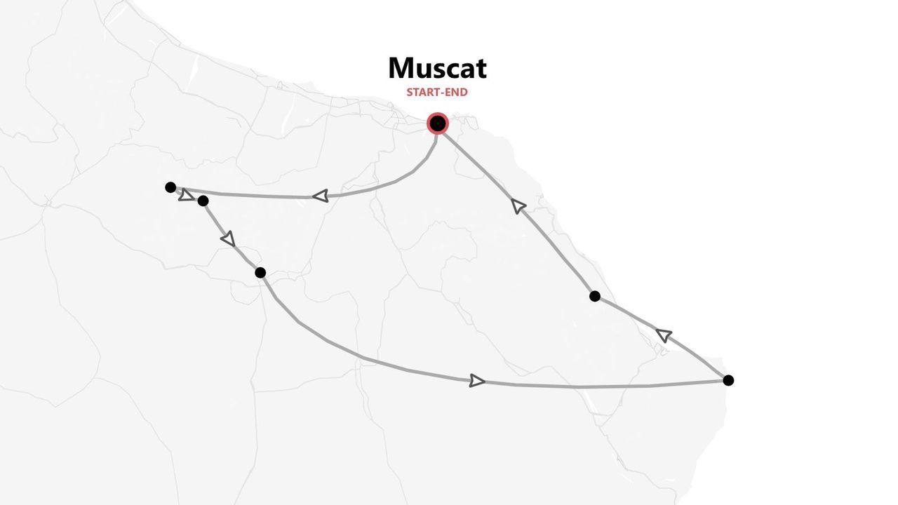 Mappa di un itinerario circolare con partenza e arrivo a Mascate.