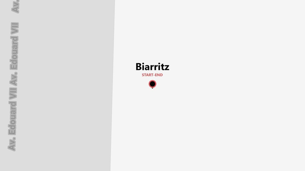 Eine stilisierte Karte, die einen Start- und Endpunkt in Biarritz, nahe der Avenue Edouard VII. anzeigt.