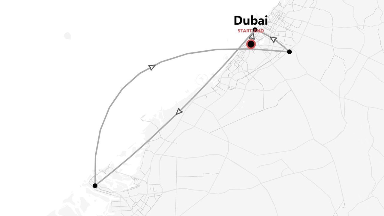 Mappa minimalista di un itinerario di viaggio circolare con partenza e arrivo a Dubai.