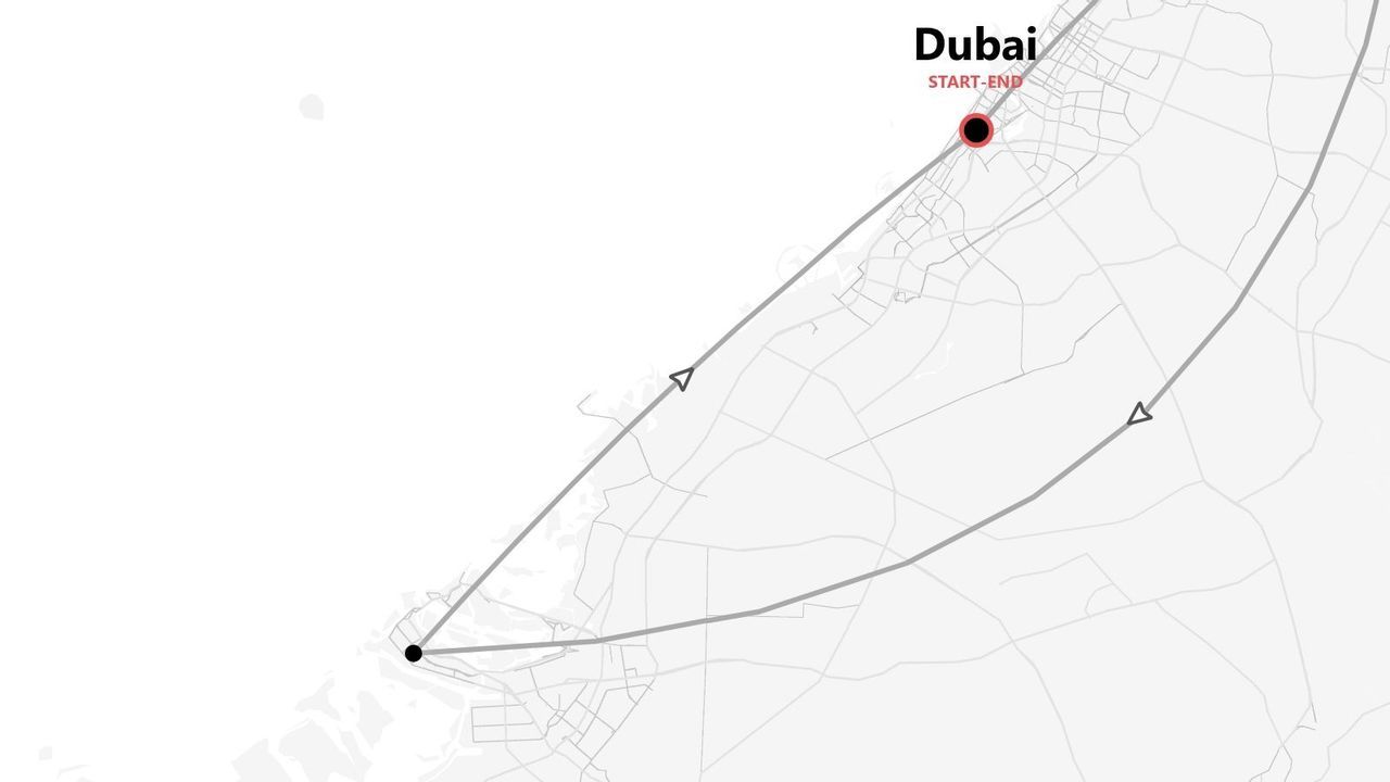 Una mappa in scala di grigi che mostra un itinerario di viaggio con un percorso che inizia e finisce a Dubai.