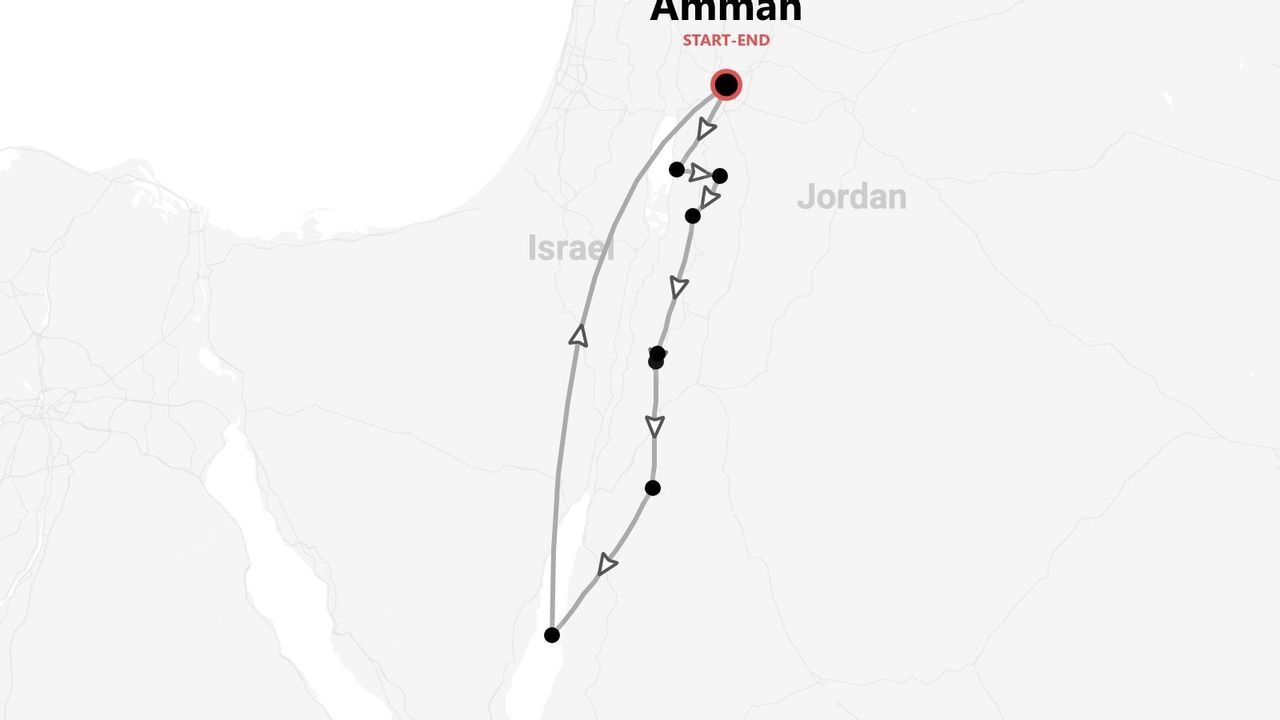 Mappa di un itinerario turistico che inizia e termina ad Amman, Giordania, con un percorso ad anello attraverso parti della Giordania e di Israele.