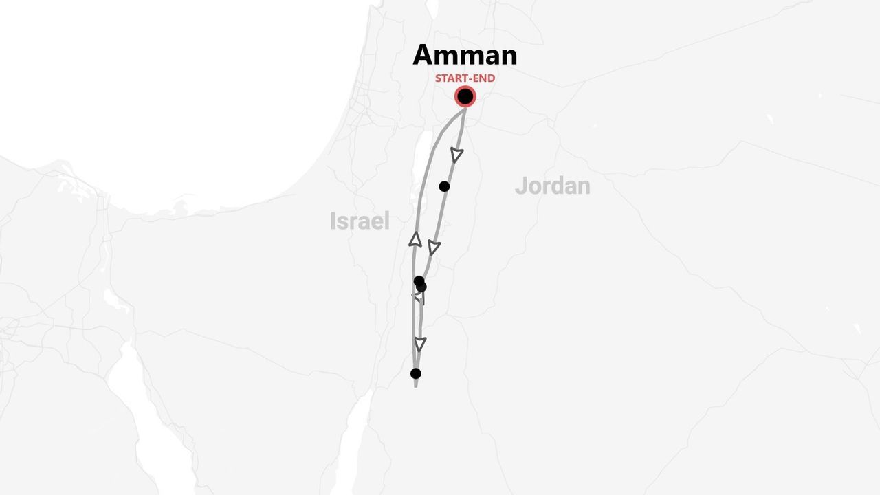 Mappa di un itinerario di viaggio in Giordania, con partenza e arrivo ad Amman.