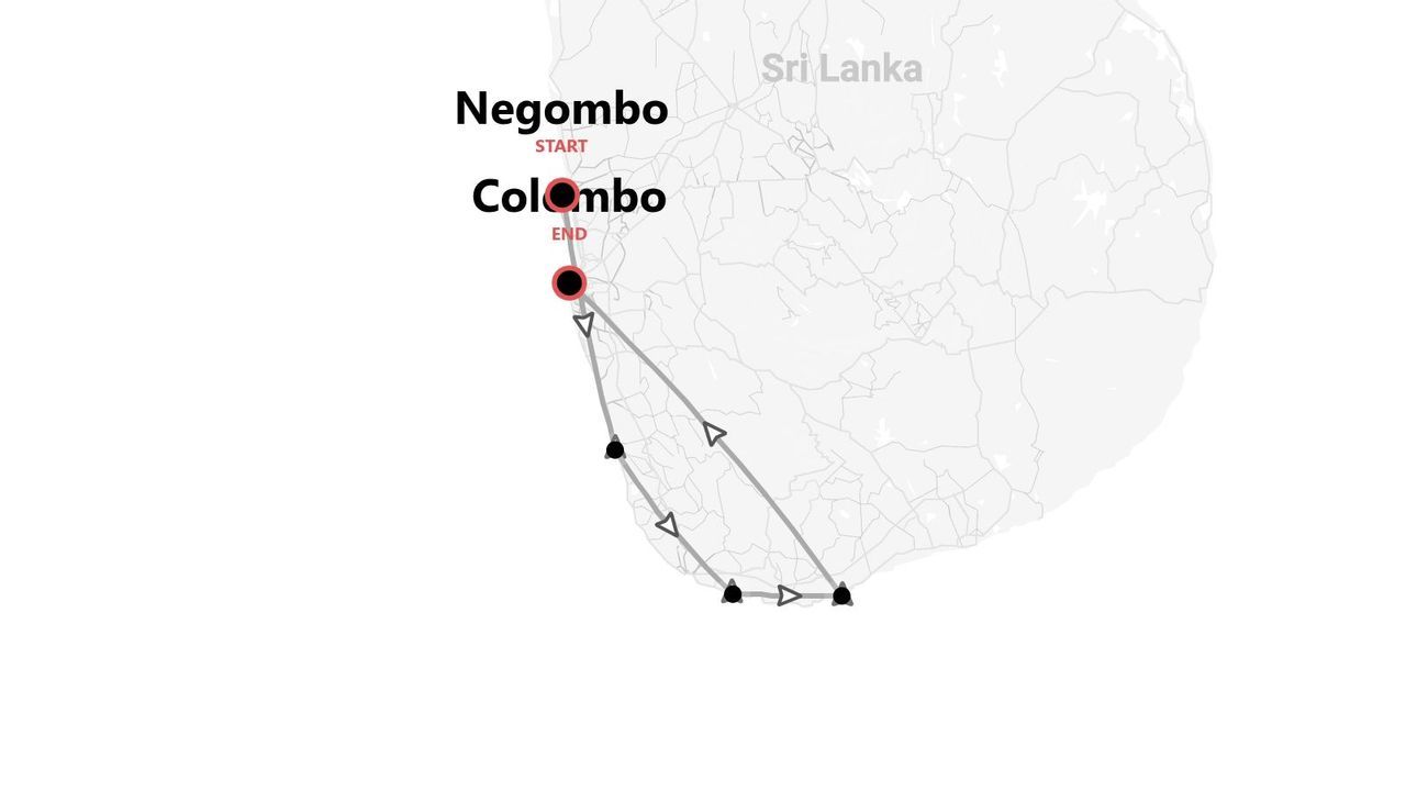 Mappa di un itinerario di viaggio in Sri Lanka, da Negombo a Colombo, con tappe lungo il percorso.