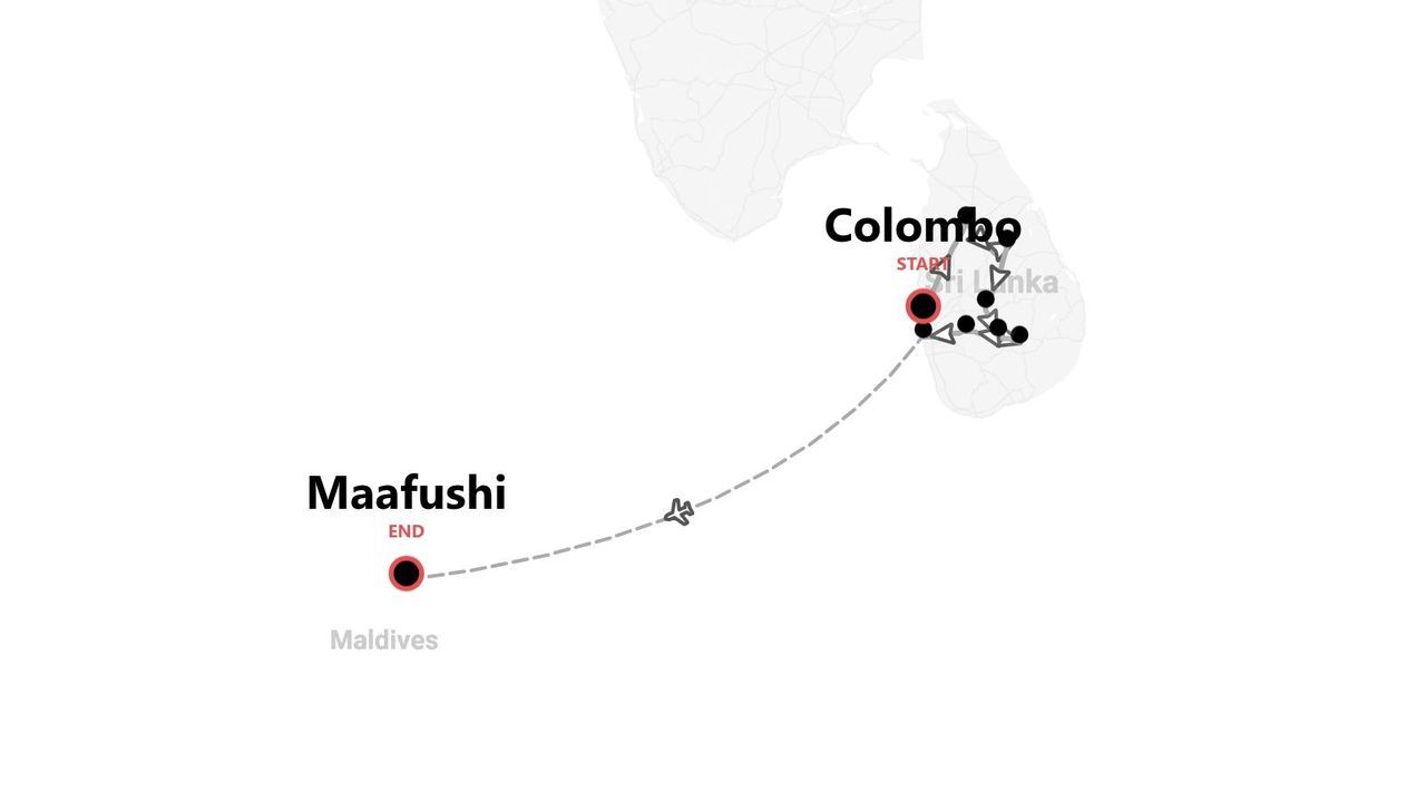 Una mappa che mostra un itinerario di viaggio con partenza da Colombo, Sri Lanka, con diverse tappe e arrivo a Maafushi, Maldive.