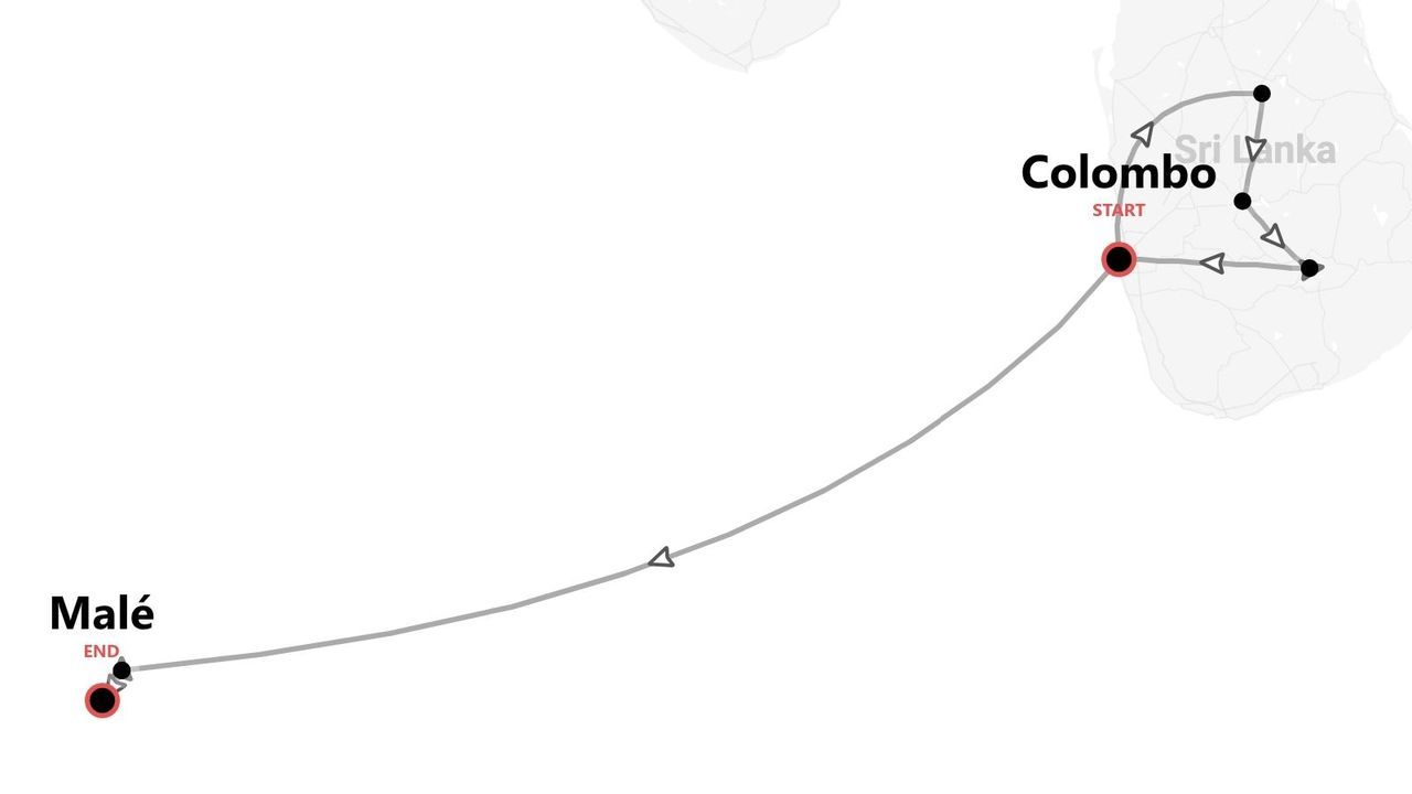 Mappa di un itinerario di viaggio che parte da Colombo, attraversa lo Sri Lanka e si conclude a Malé.