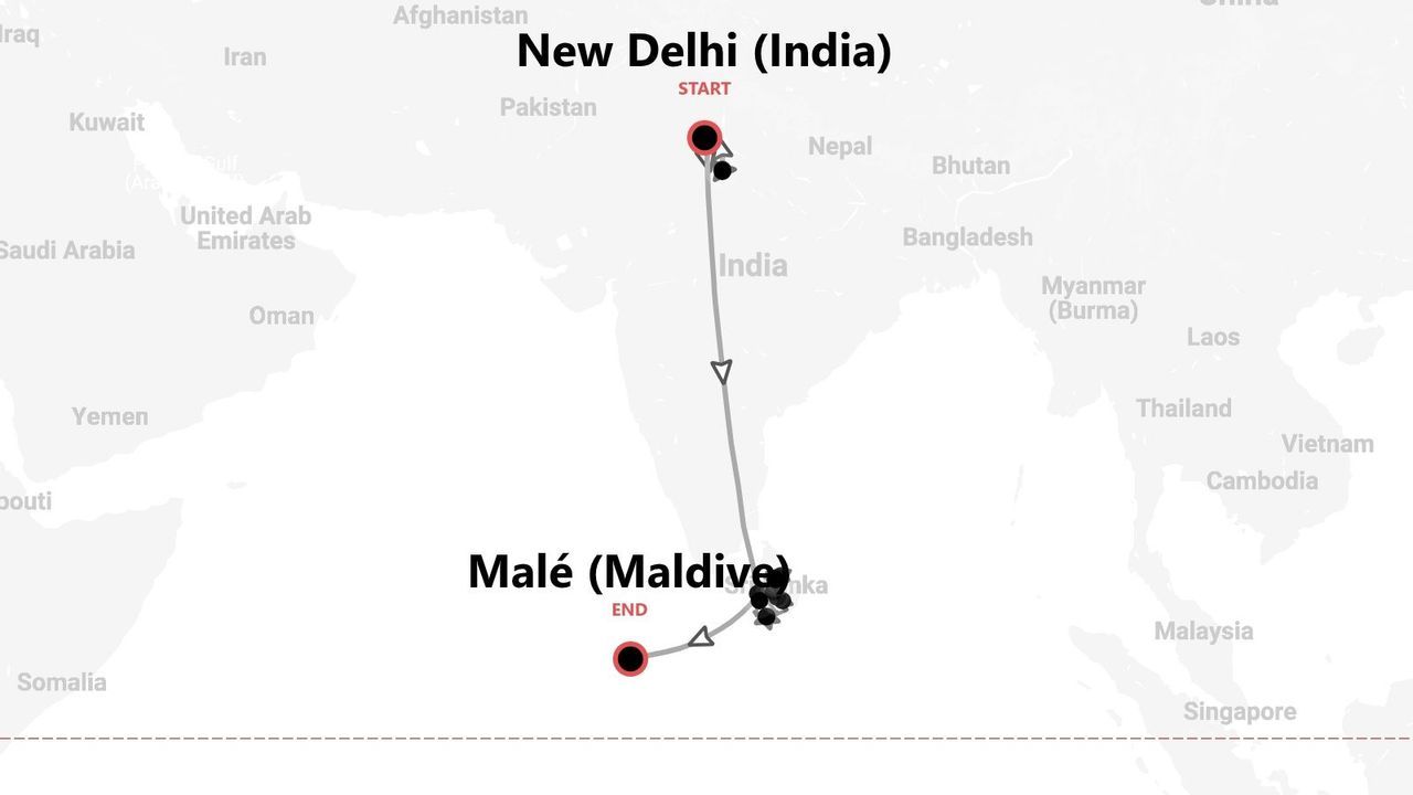Mappa itinerario di viaggio da Nuova Delhi, India, a Malé, Maldive, attraverso il subcontinente indiano.
