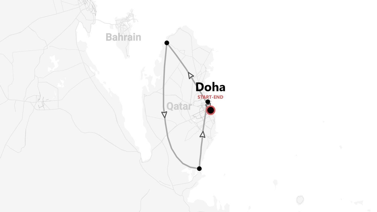 Una mappa che mostra un itinerario di viaggio per il Qatar, con partenza e arrivo a Doha, con il Bahrain visibile nelle vicinanze.