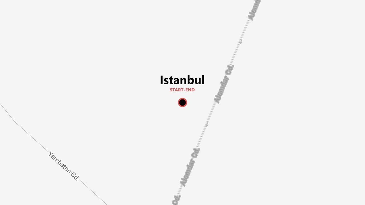 Una mappa minimalista di Istanbul che mostra un punto di inizio e fine per un percorso vicino a Via Alemdar e Via Yerebatan.