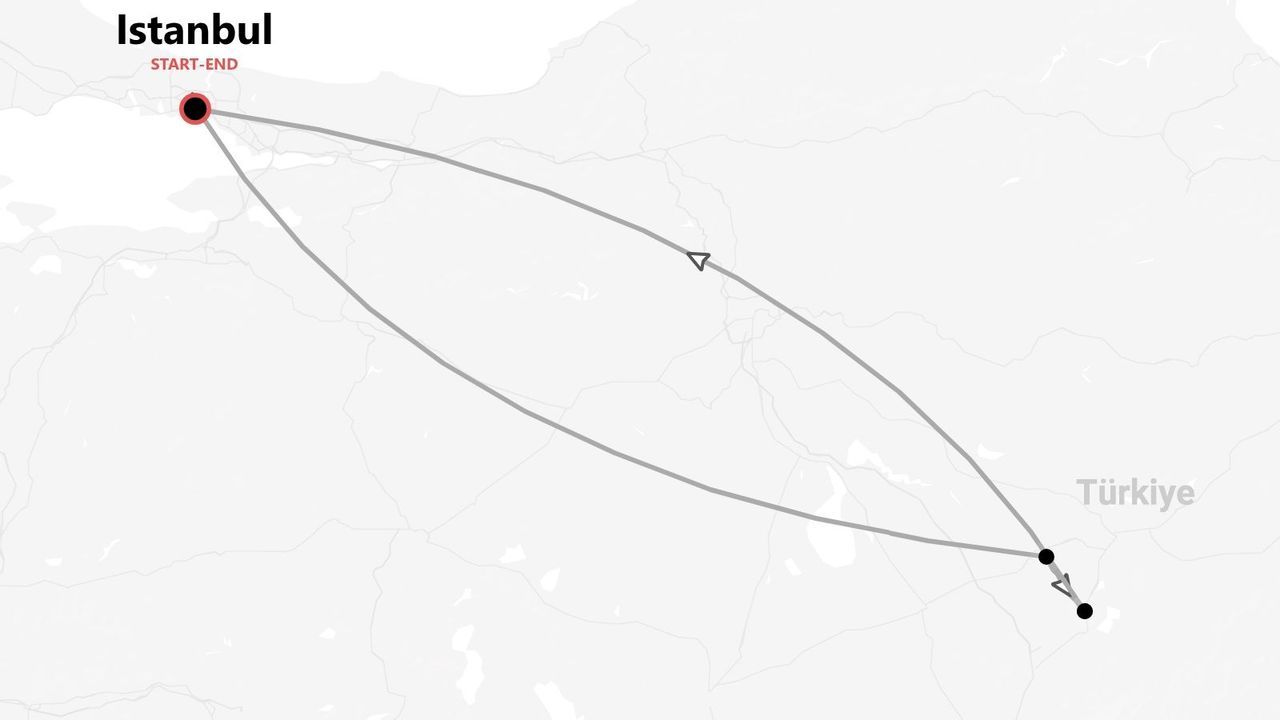 Mappa minimalista di un itinerario di viaggio con partenza e arrivo a Istanbul, percorso circolare in Turchia.