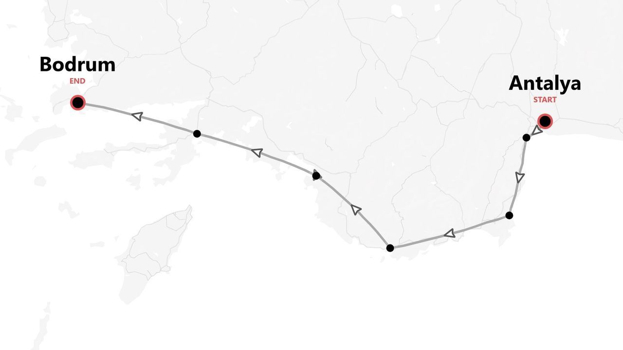Mappa dell'itinerario di viaggio da Antalya a Bodrum