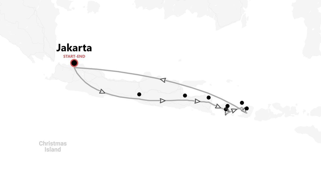 Mappa di un itinerario di viaggio con partenza e arrivo a Giacarta, che attraversa l'isola di Giava verso est.