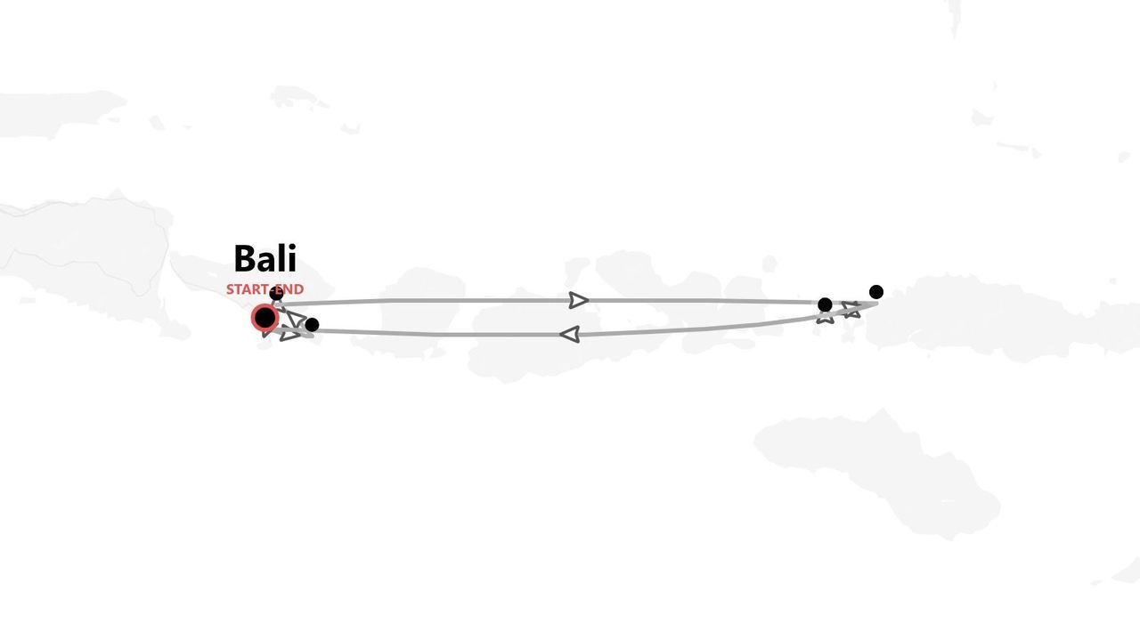 Una mappa minimalista che illustra un itinerario di viaggio che inizia e finisce a Bali, mostrando il percorso attraverso diverse isole indonesiane.