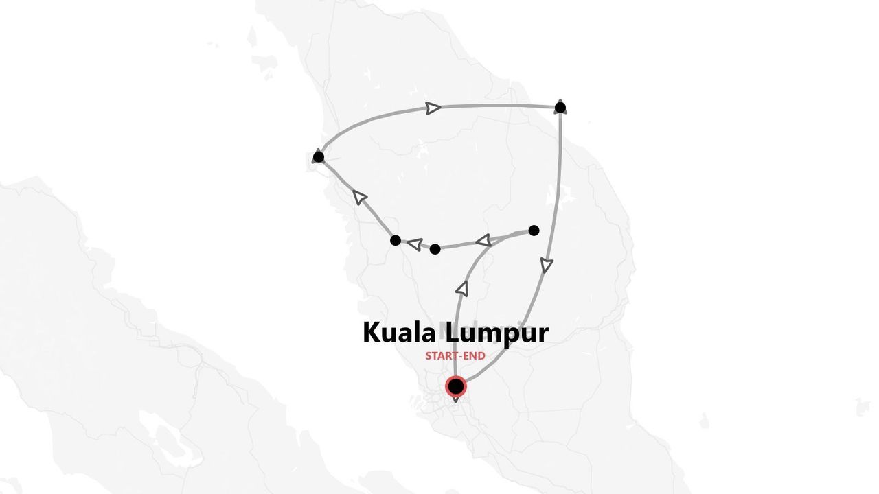 Una mappa che mostra un itinerario di viaggio con partenza e arrivo a Kuala Lumpur, Malesia.