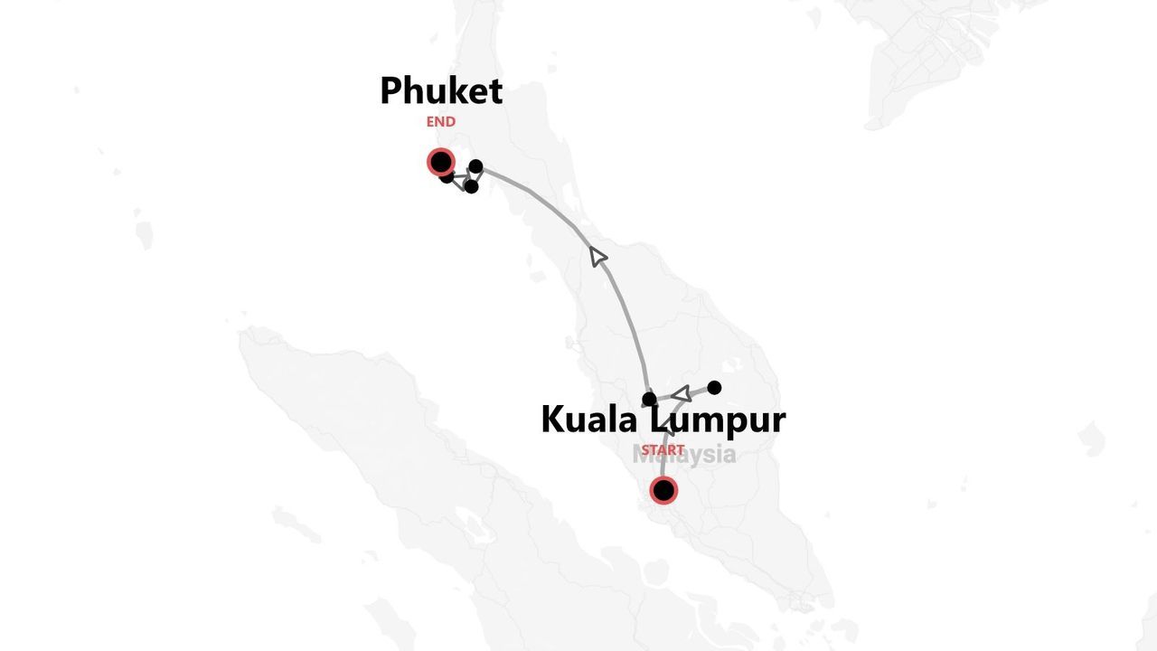 Mappa di un itinerario di viaggio da Kuala Lumpur, Malesia, a Phuket.