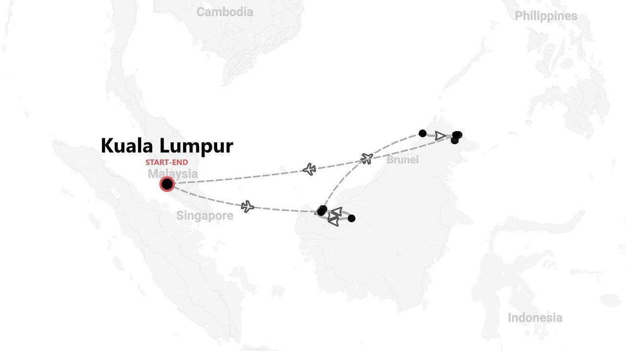 Mappa di un itinerario di viaggio con partenza e arrivo a Kuala Lumpur, Malesia, e voli per il Borneo.