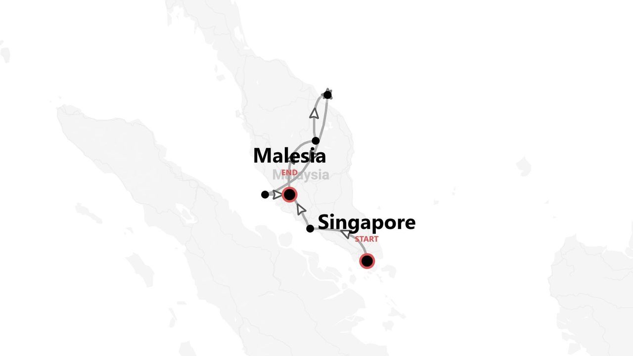 Mappa di un itinerario di viaggio che parte da Singapore e termina in Malesia.