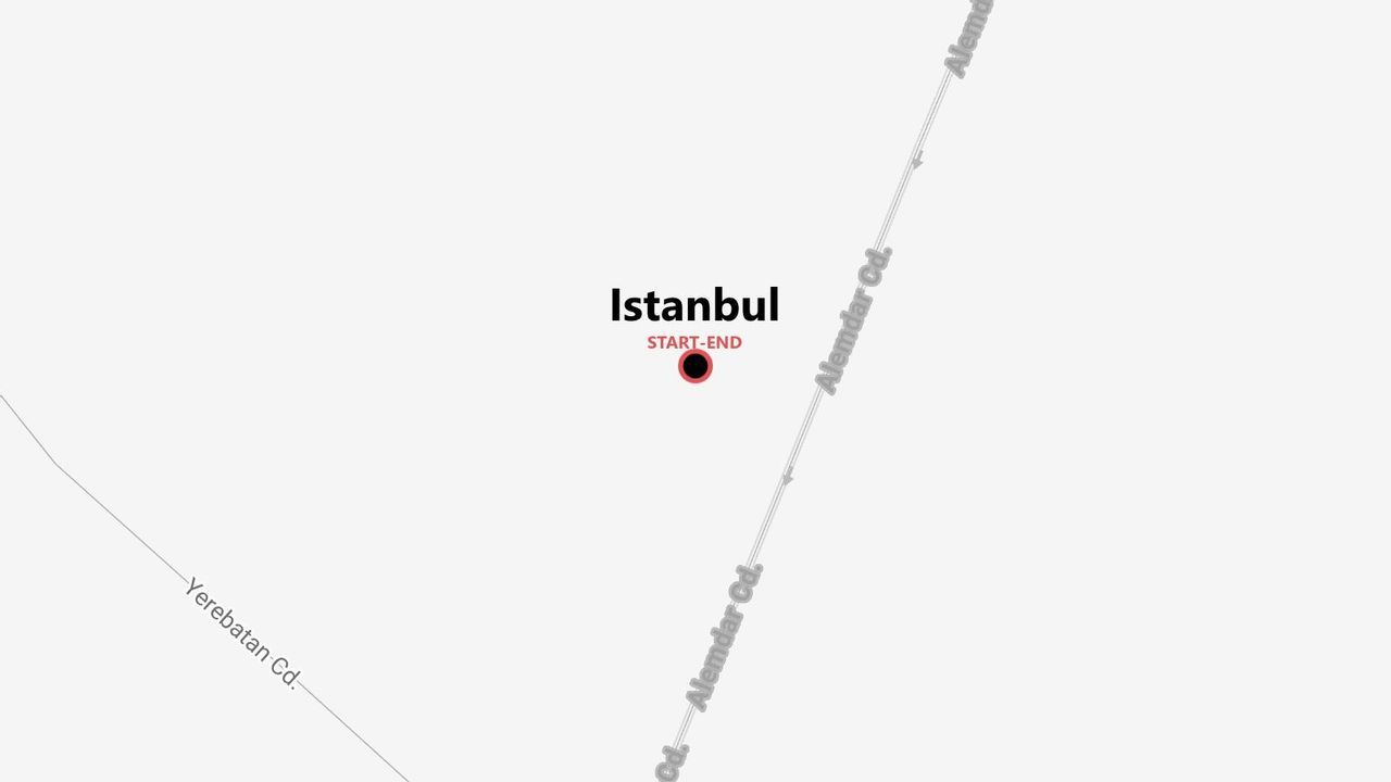 Une carte stylisée montrant le point de départ et d'arrivée à Istanbul, avec les rues Alemdar Cd. et Yerebatan Cd. indiquées.