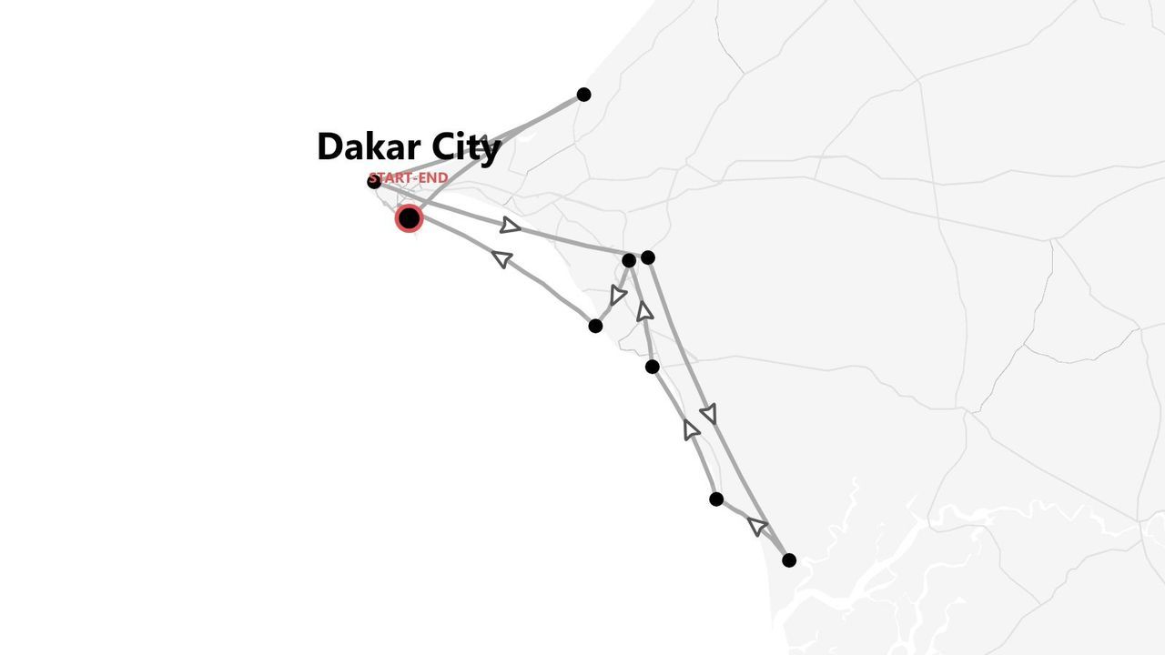 Mappa minimalista di un itinerario di viaggio con partenza e arrivo a Dakar, segnato con punti per le tappe.