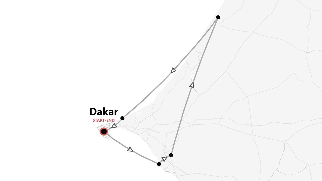 Mappa minimalista: itinerario ad anello con partenza e arrivo a Dakar, segnalato in rosso.