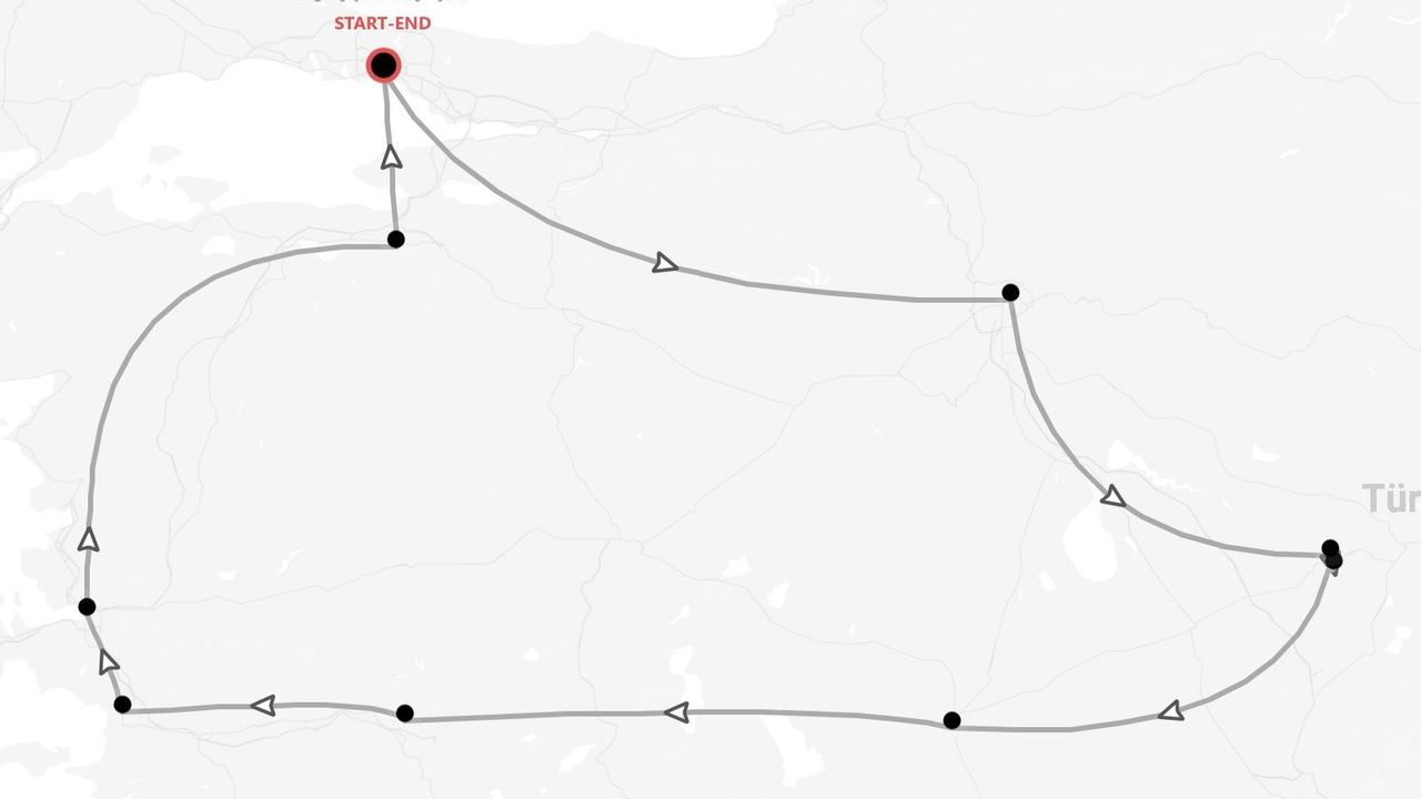 Carte d'un itinéraire de circuit touristique en Turquie, le parcours est indiqué par une ligne et des flèches directionnelles, avec un départ et une arrivée au même point.