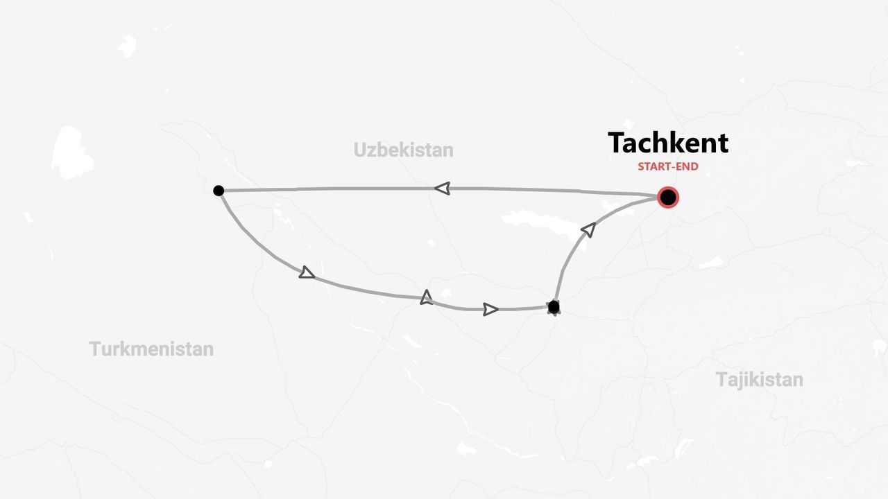 Carte d'un circuit en Ouzbékistan, au départ et à l'arrivée de Tachkent, avec le Turkménistan et le Tadjikistan visibles.