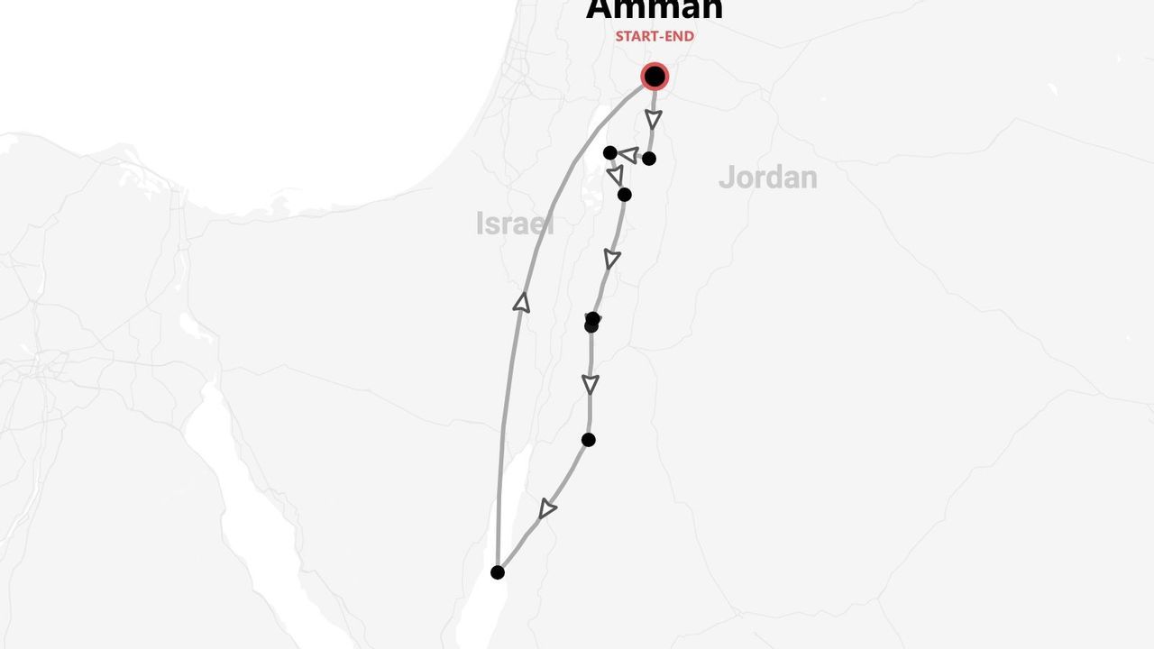 Une carte présentant un itinéraire de voyage en Jordanie et en Israël, commençant et se terminant à Amman.