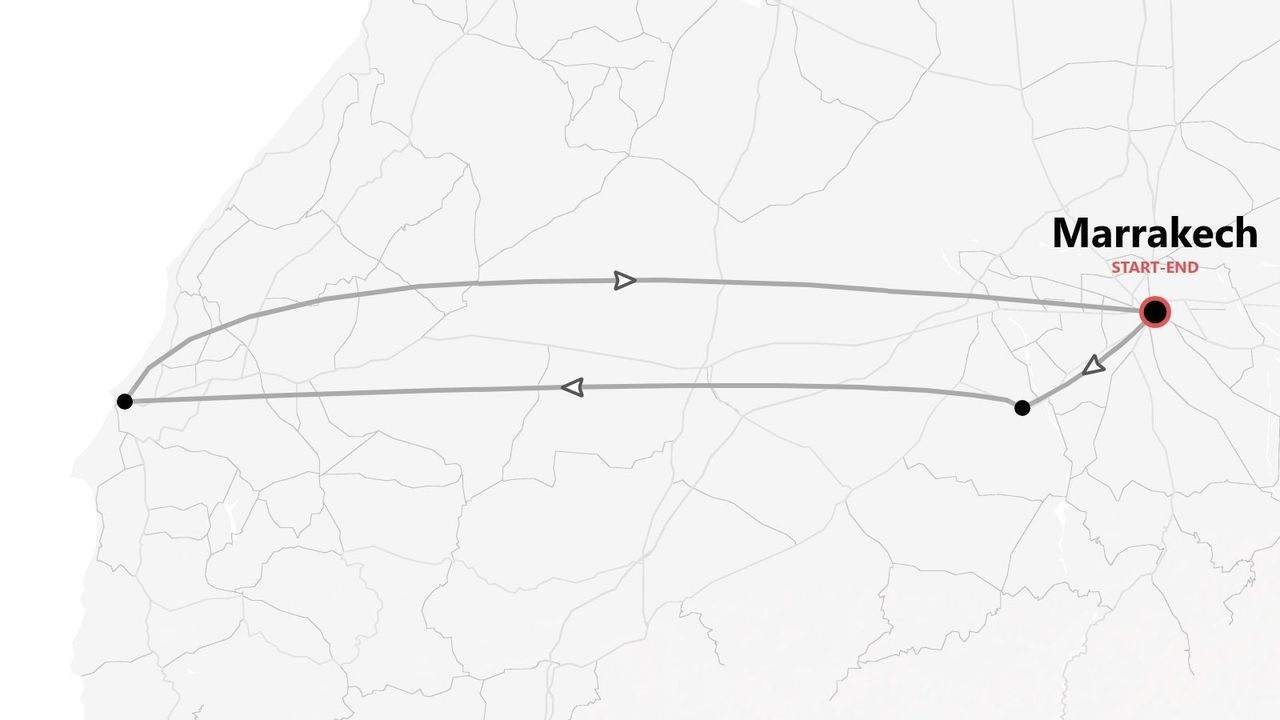 Carte stylisée d'un itinéraire de circuit en boucle au départ et à l'arrivée de Marrakech.