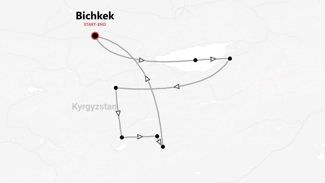 Une carte présentant un itinéraire de voyage à travers le Kirghizistan, commençant et se terminant à Bichkek.