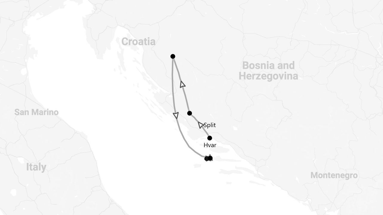 Carte d'un itinéraire de voyage en Croatie, avec un parcours le long de la côte, incluant Split et Hvar.