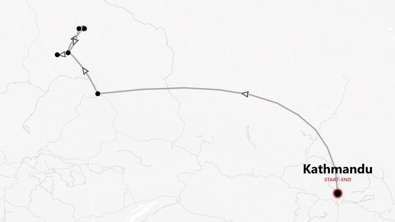 Eine minimalistische Karte, die eine Reiseroute darstellt, die in Kathmandu beginnt und endet, mit mehreren eingezeichneten Haltestellen entlang des Weges.
