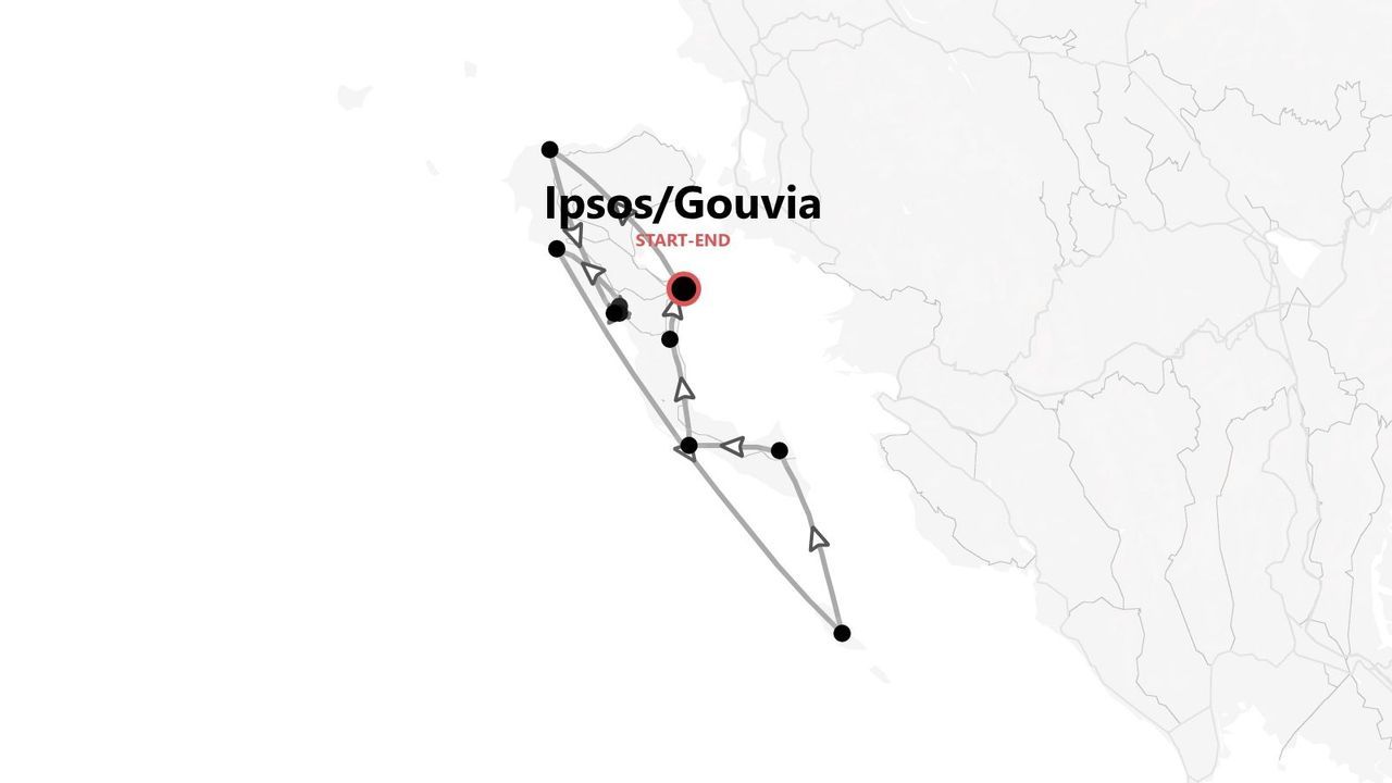 Eine minimalistische Karte, die eine Reiseroute mit Wegpunkten zeigt, beginnend und endend in Ipsos/Gouvia.