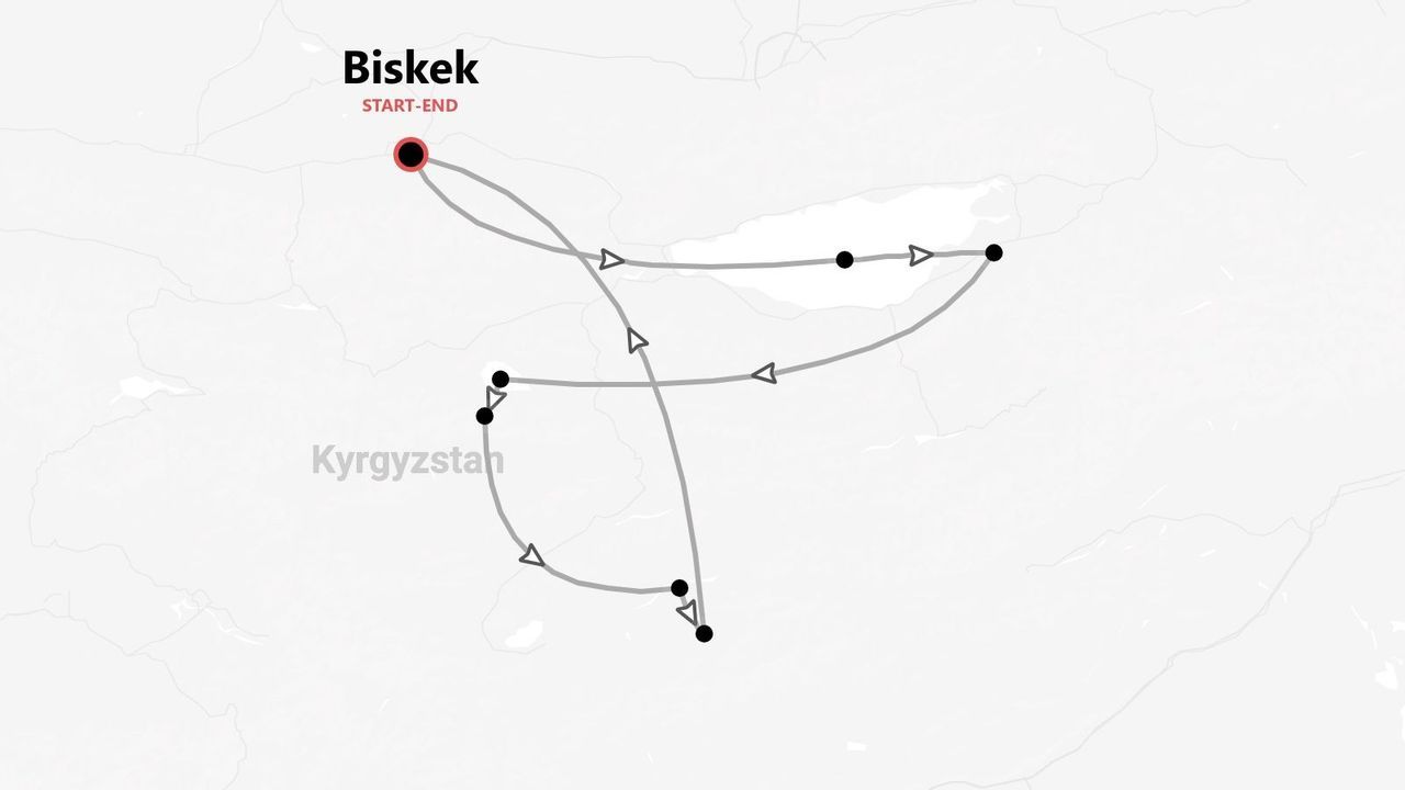 Un mapa de una ruta de viaje por Kirguistán, con inicio y fin en Biskek.
