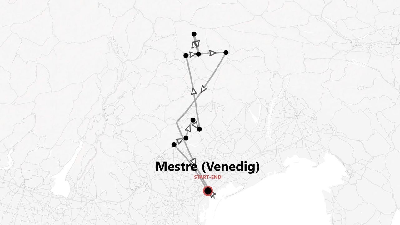 Eine Karte mit einer Reiseroute, die in Mestre (Venedig) beginnt und endet, wobei die Stopps entlang der Strecke mit Punkten markiert sind.