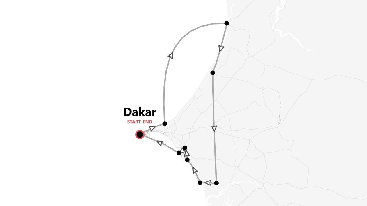 Un mapa minimalista que muestra un itinerario de viaje en bucle, con Dakar, Senegal, marcado como punto de inicio y fin.