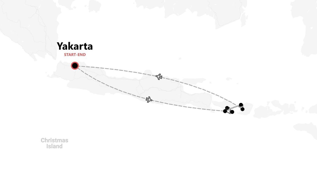 Un mapa que muestra una ruta turística que comienza y termina en Yakarta, con vuelos y paradas en varias islas indonesias.