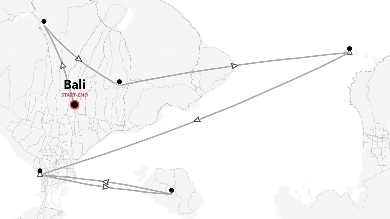 Un mapa que muestra un itinerario de viaje por Bali. Un pin rojo indica el punto de inicio y fin, con líneas que conectan destinos a lo largo de la isla.
