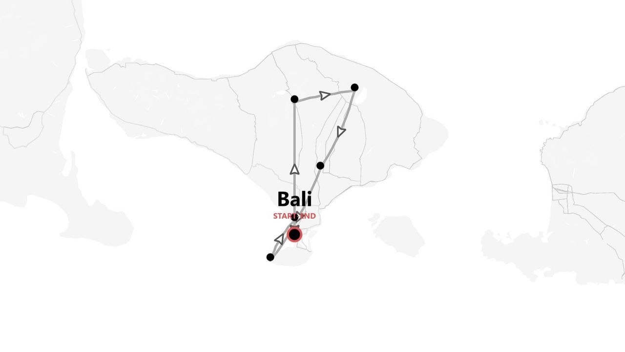 Un mapa estilizado que muestra una ruta de viaje circular por la isla de Bali, con los puntos de inicio y fin marcados.