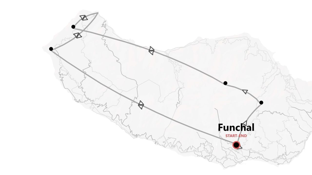 Eine Graustufenkarte einer Insel, die eine Reiseroute mit Start- und Endpunkt in Funchal zeigt.