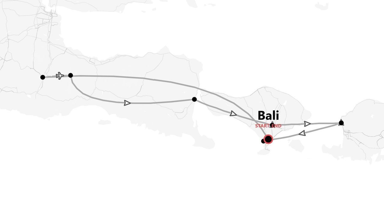 Un mapa en escala de grises que muestra un itinerario de viaje por las islas de Indonesia, con el punto de inicio y fin marcado en Bali.
