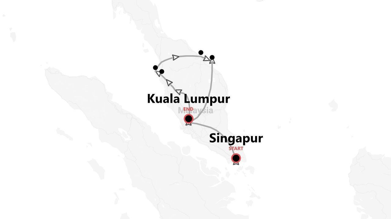 Mapa del itinerario de viaje de Singapur a Kuala Lumpur, Malasia.