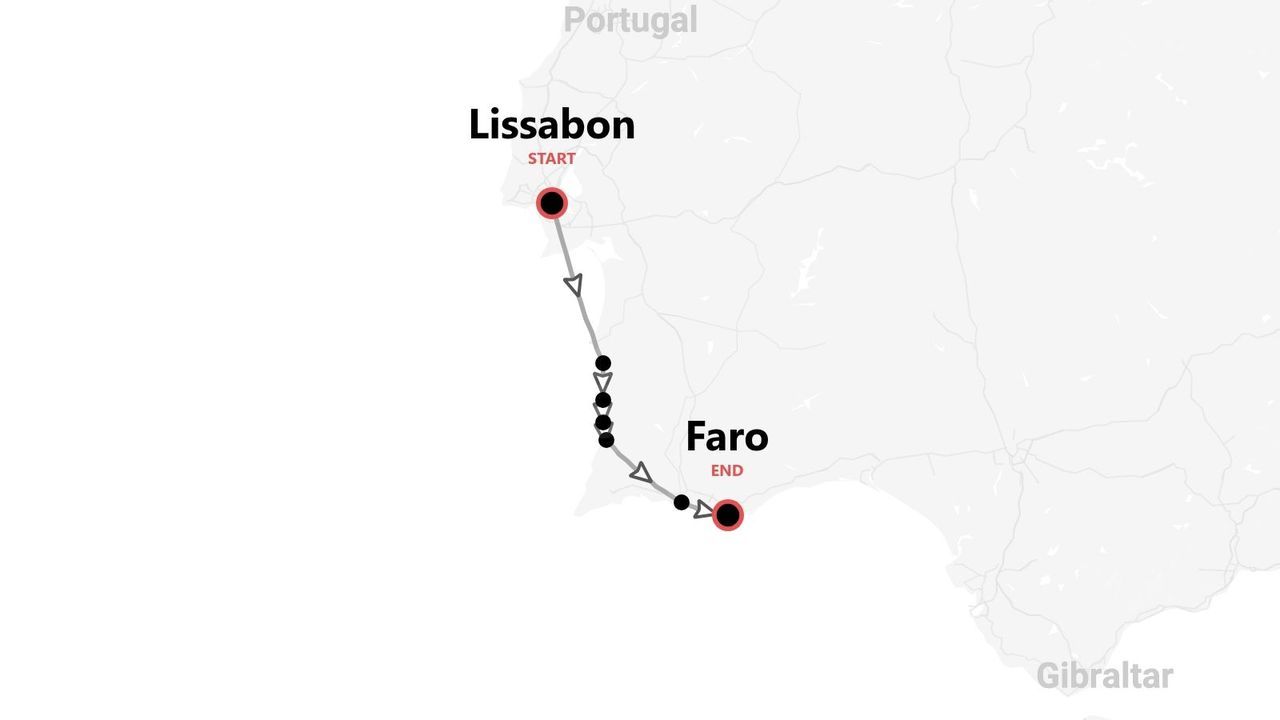 Reiseroutenkarte Portugal: Route von Lissabon nach Faro.
