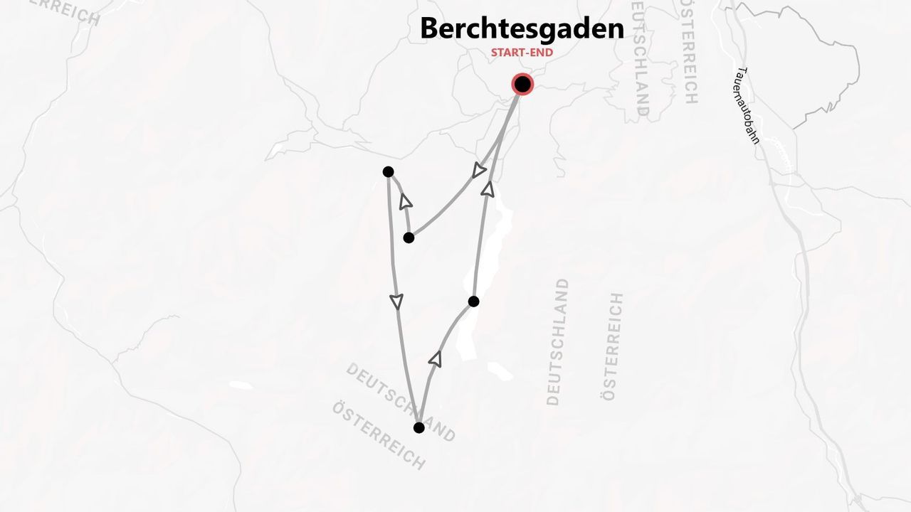 Eine Karte mit einer Reiseroute, die in Berchtesgaden beginnt und endet und durch Deutschland und Österreich führt.