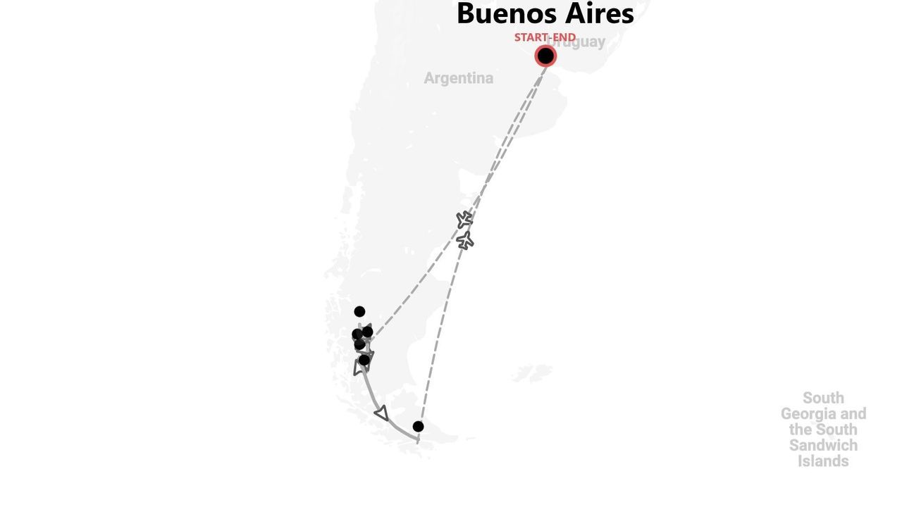 Karte einer Reiseroute in Argentinien, beginnend und endend in Buenos Aires, die eine Strecke durch Patagonien per Flugzeug und Boot zeigt.