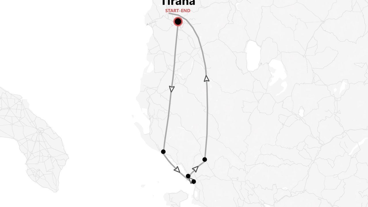 Mapa minimalista de un itinerario de viaje por Albania, con ruta circular que empieza y termina en Tirana.