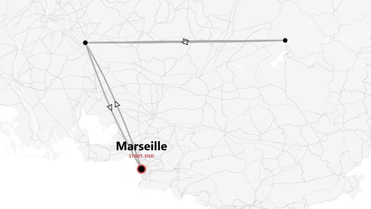 A stylized map showing a triangular travel route starting and ending in Marseille.