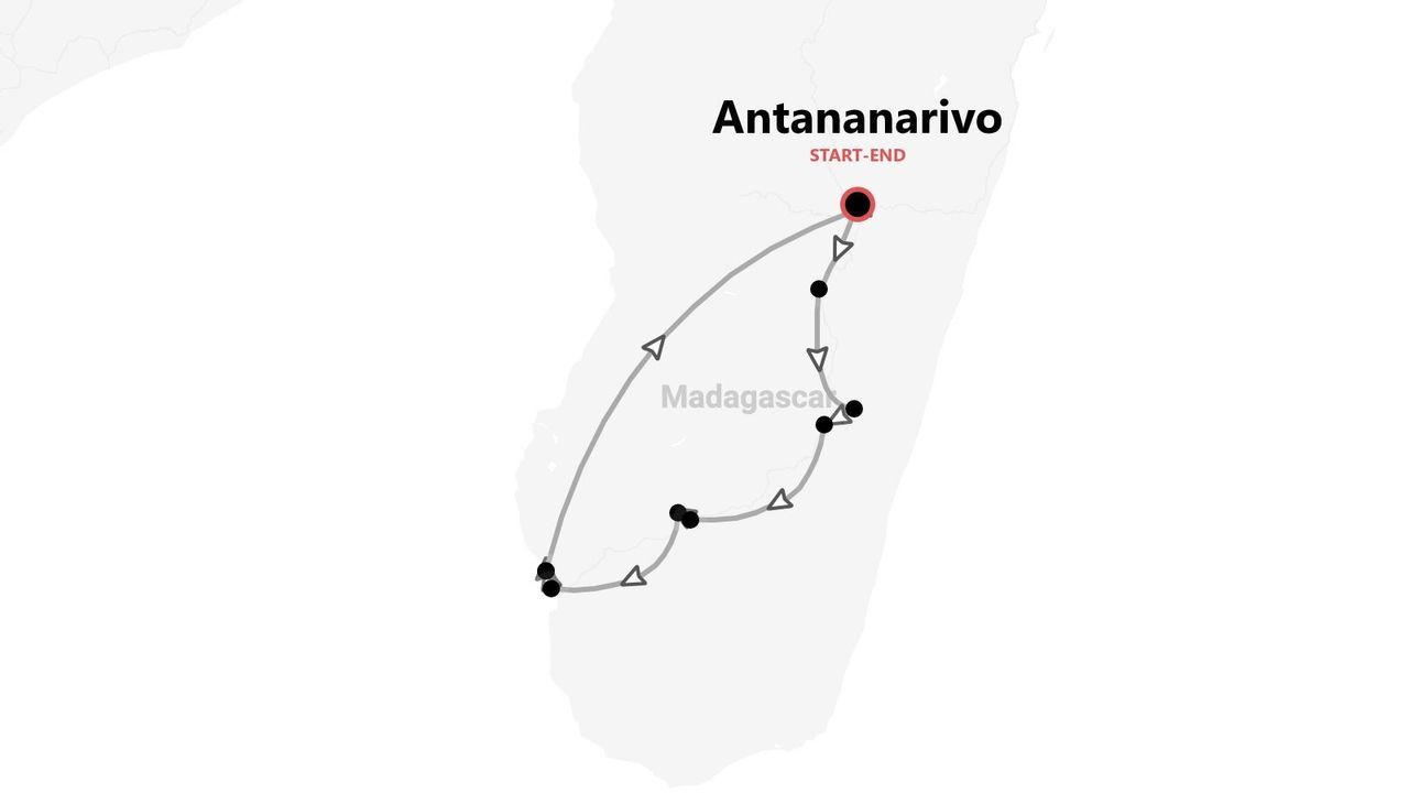 Mappa del Madagascar con itinerario di viaggio che inizia e finisce nella capitale, Antananarivo.