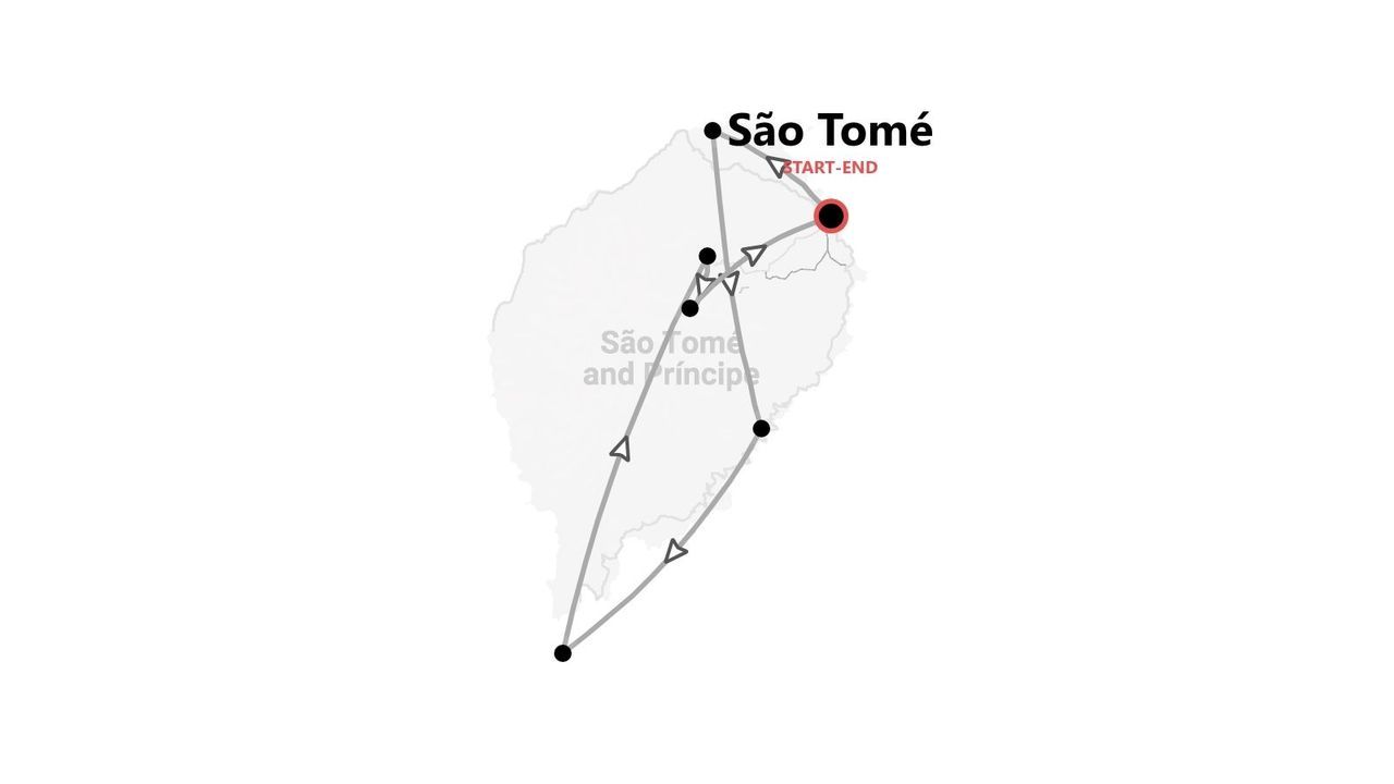 Mappa di un itinerario di viaggio sull'isola di São Tomé, parte di São Tomé e Príncipe, che mostra i punti di partenza e arrivo del percorso.