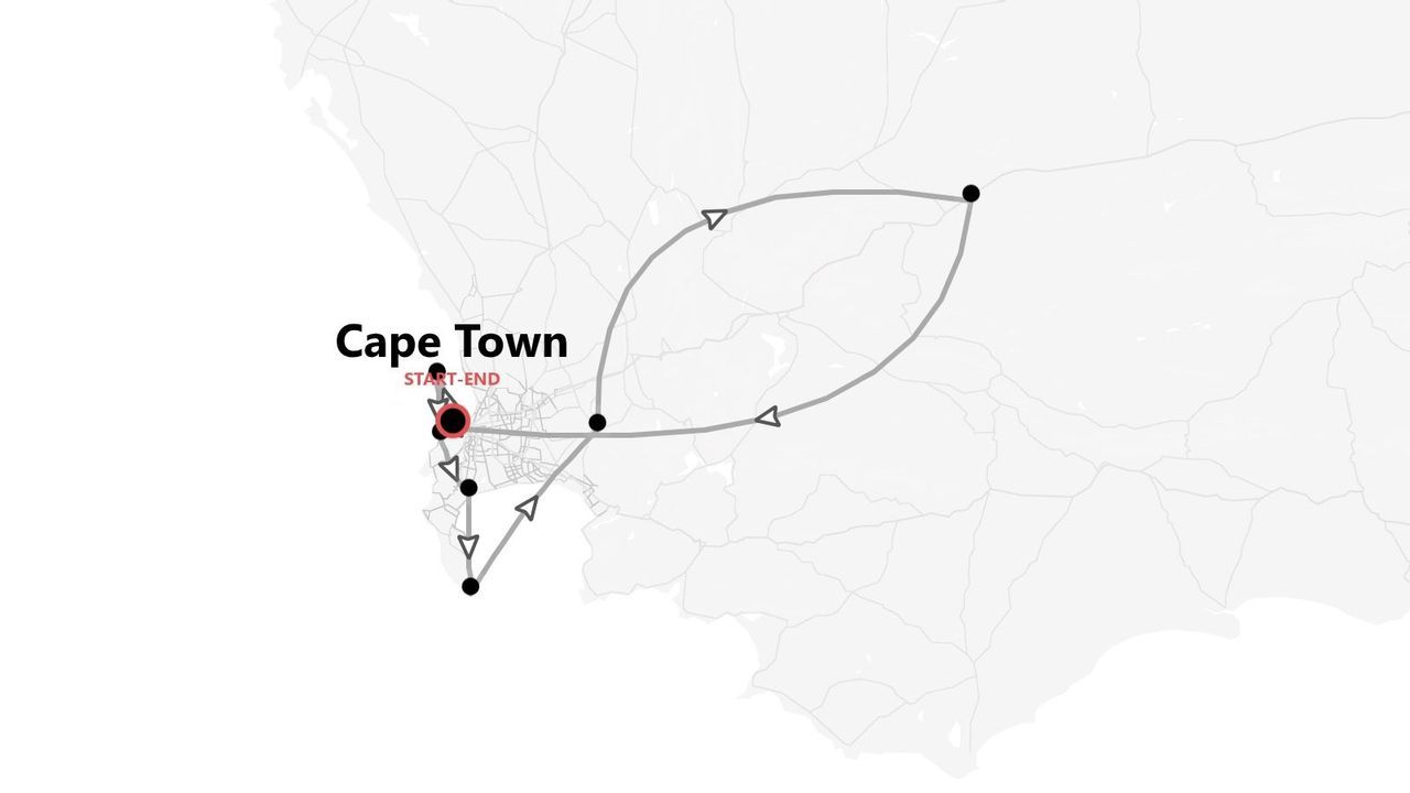 Carte d'un itinéraire de voyage circulaire, avec départ et retour au Cap, et plusieurs étapes.