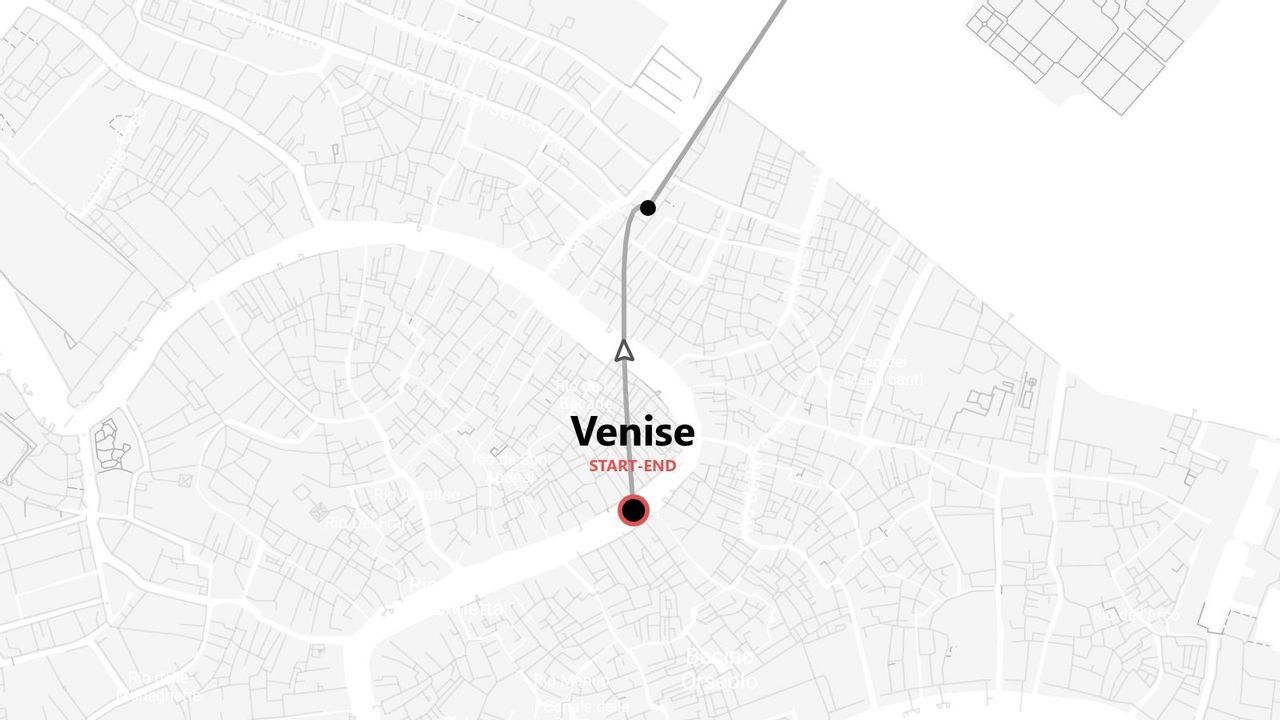 Une carte stylisée montrant un itinéraire à travers Venise, avec un marqueur rouge indiquant le point de départ et d'arrivée combiné.
